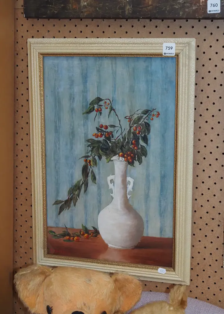 framed oil - still life vase, berries Image 1++