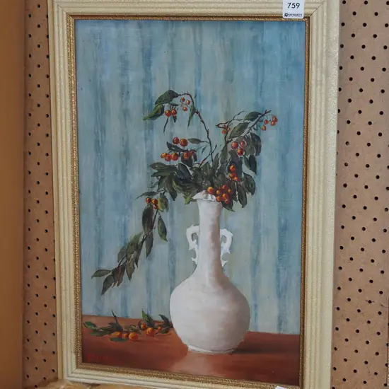 framed oil - still life vase, berries