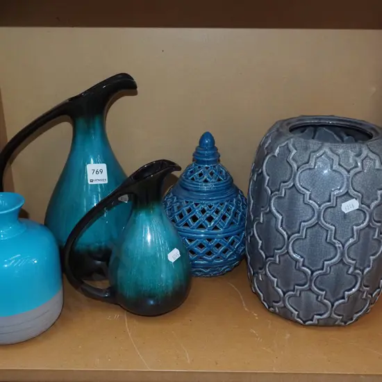 Blue Mountain ewer vases, lidded canister, vase etc