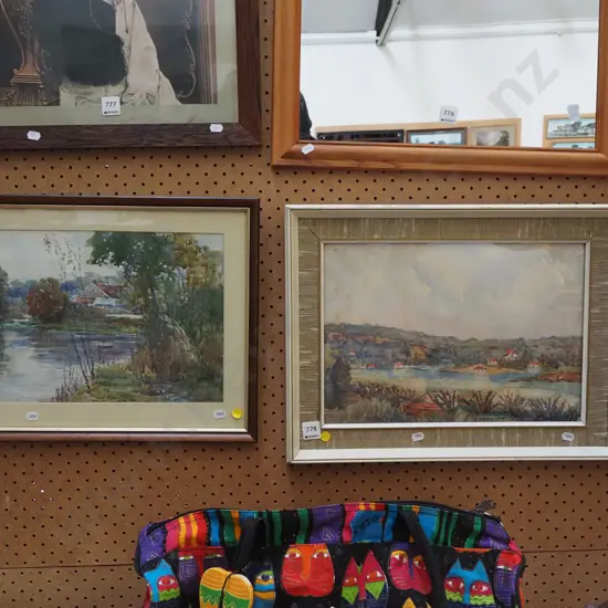 2x framed watercolours - landscapes - yellow dots