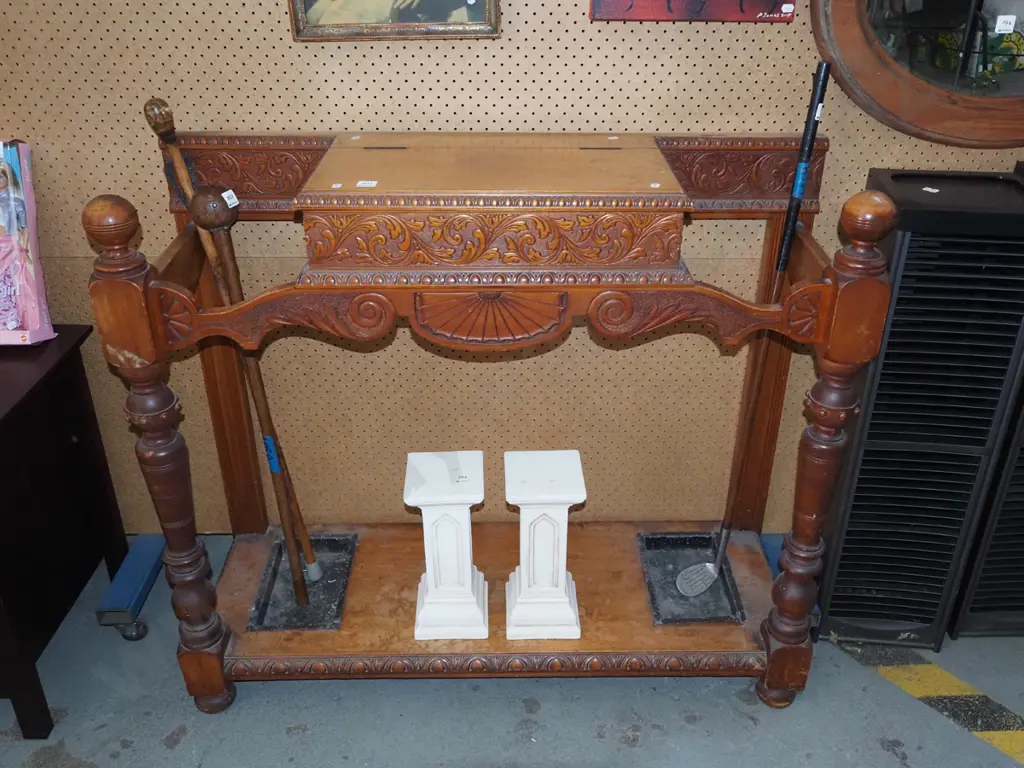 heavily carved Victorian kauri hall stand - top section removed H945 W1070 Image 1++