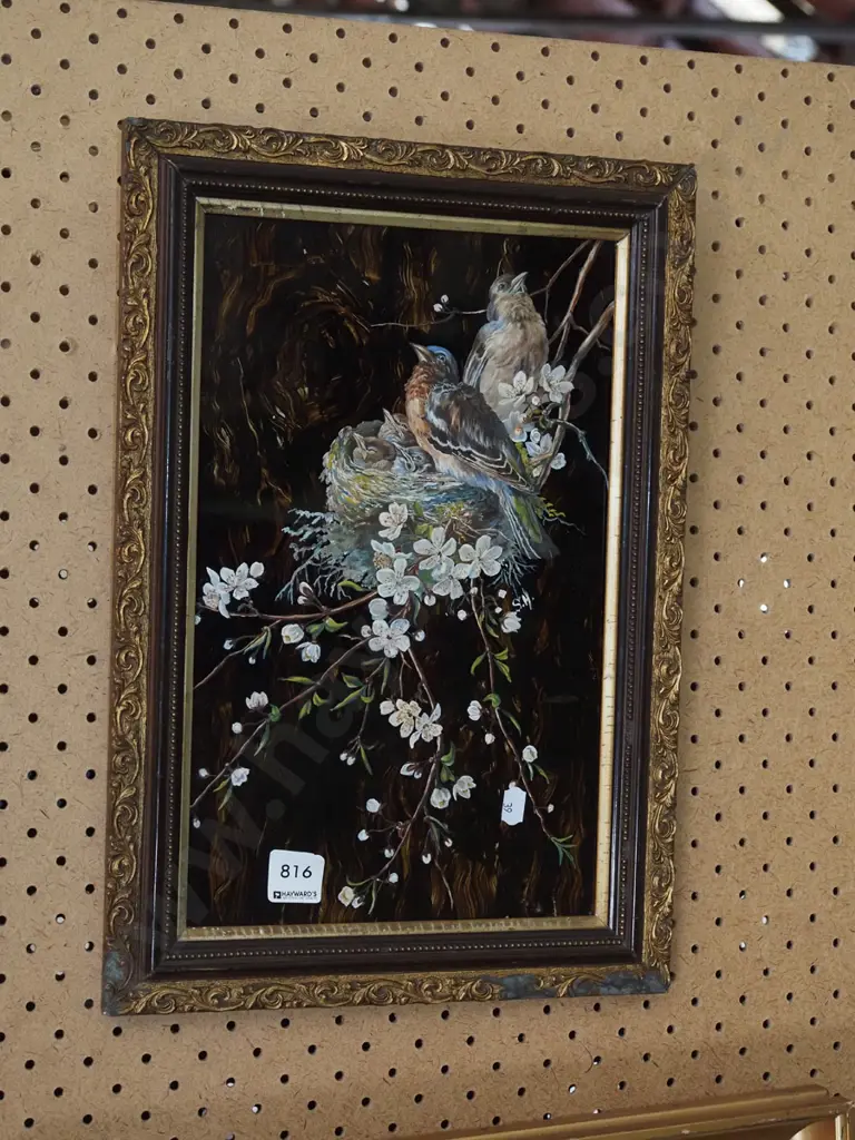 framed oil on glass - birds in nest Image 1++