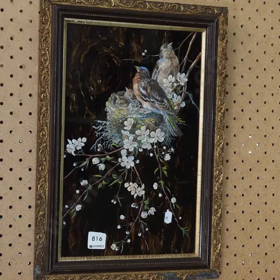 framed oil on glass - birds in nest
