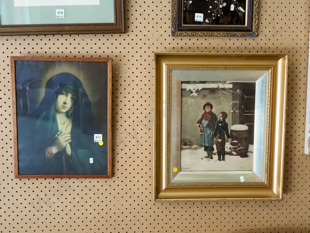 religious print, framed oil -  boys in snow - crazing - yellow dots Image 1++