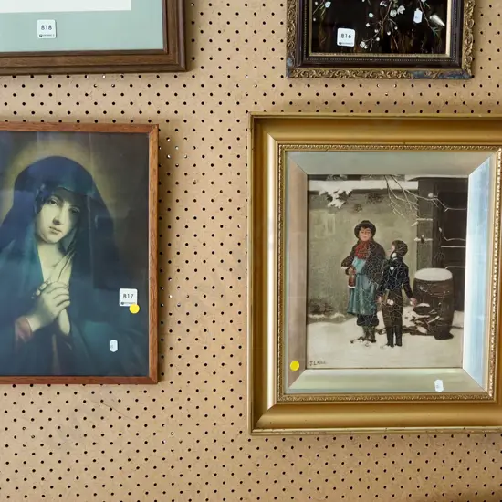 religious print, framed oil -  boys in snow - crazing - yellow dots