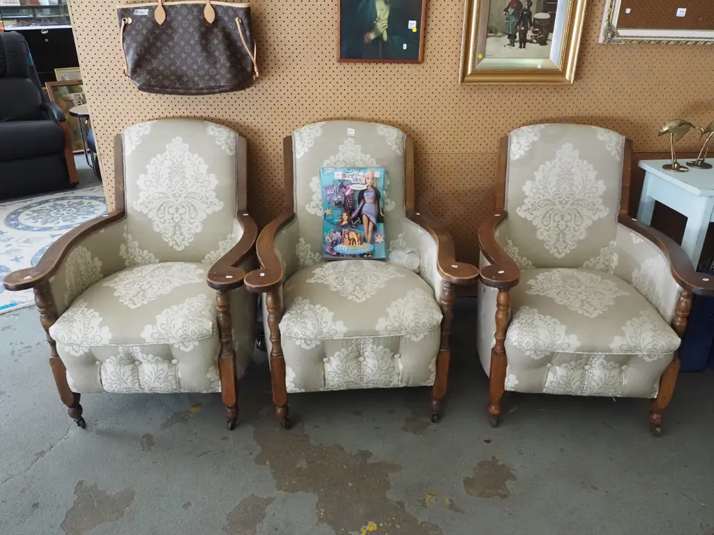 3x oak upholstered armchairs on casters Image 1++
