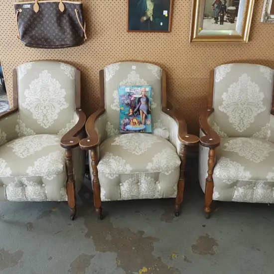3x oak upholstered armchairs on casters
