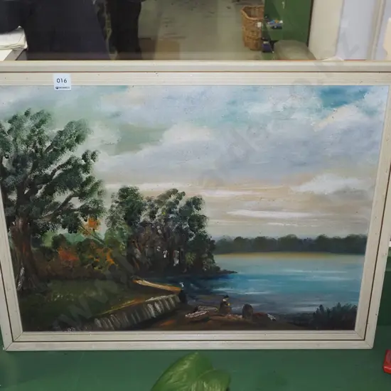 framed oil on board - fishing on estuary - some damage