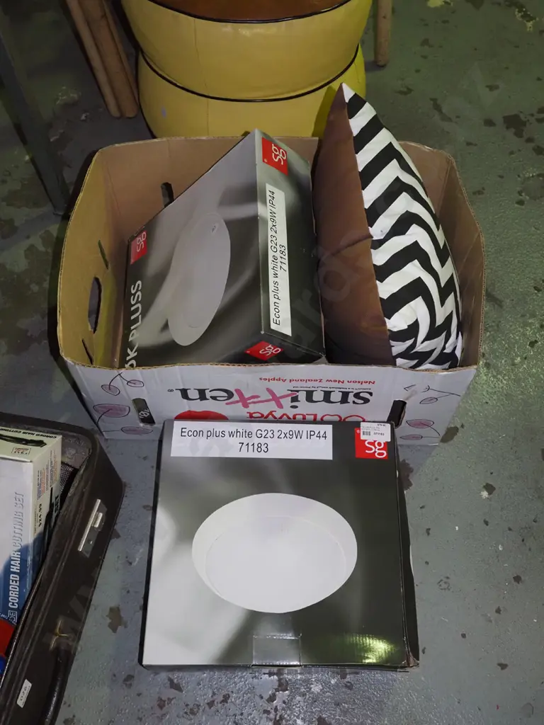 2x boxed as new light fittings, zebra patterned cushion Image 1++