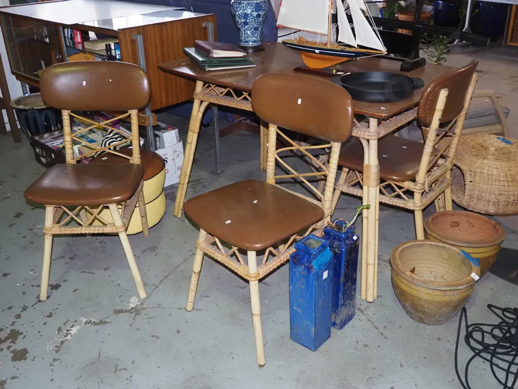mid century cane bamboo and formica top dining table with 3 brown vinyl chairs Image 1++