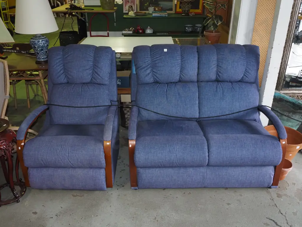 blue upholstered LaZBoy 2 piece lounge suite - 2 seater, rocker/recliner Image 1++