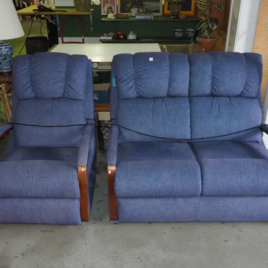 blue upholstered LaZBoy 2 piece lounge suite - 2 seater, rocker/recliner