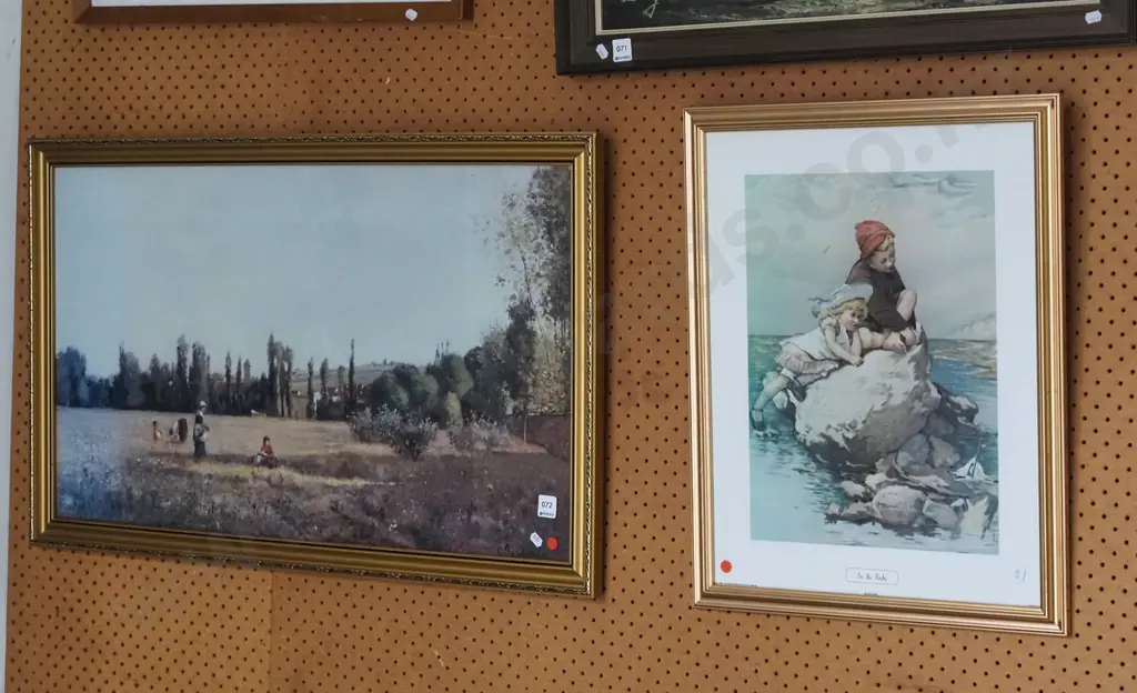 2x framed prints - pastoral scene, on the rocks - red dots Image 1++
