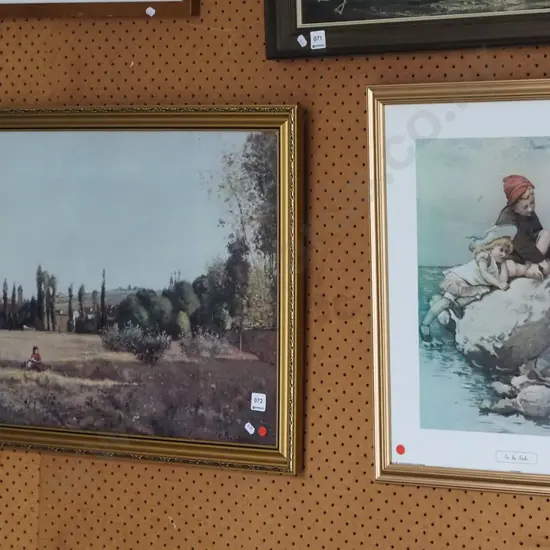 2x framed prints - pastoral scene, on the rocks - red dots