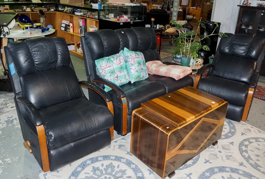 LaZBoy black leather 3 piece lounge suite - 3 seater, 2x rocker recliners Image 1++