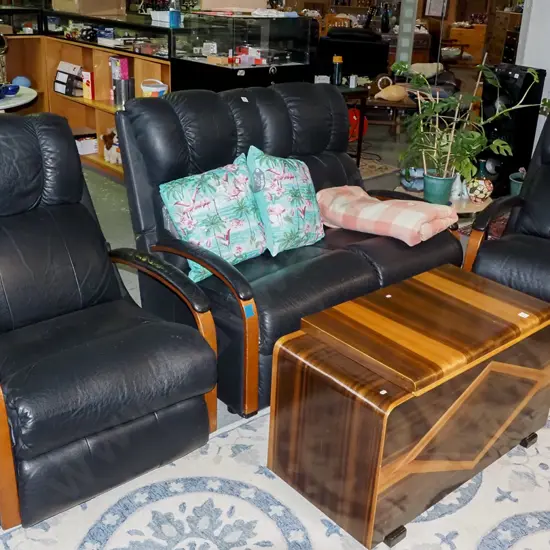 LaZBoy black leather 3 piece lounge suite - 3 seater, 2x rocker recliners