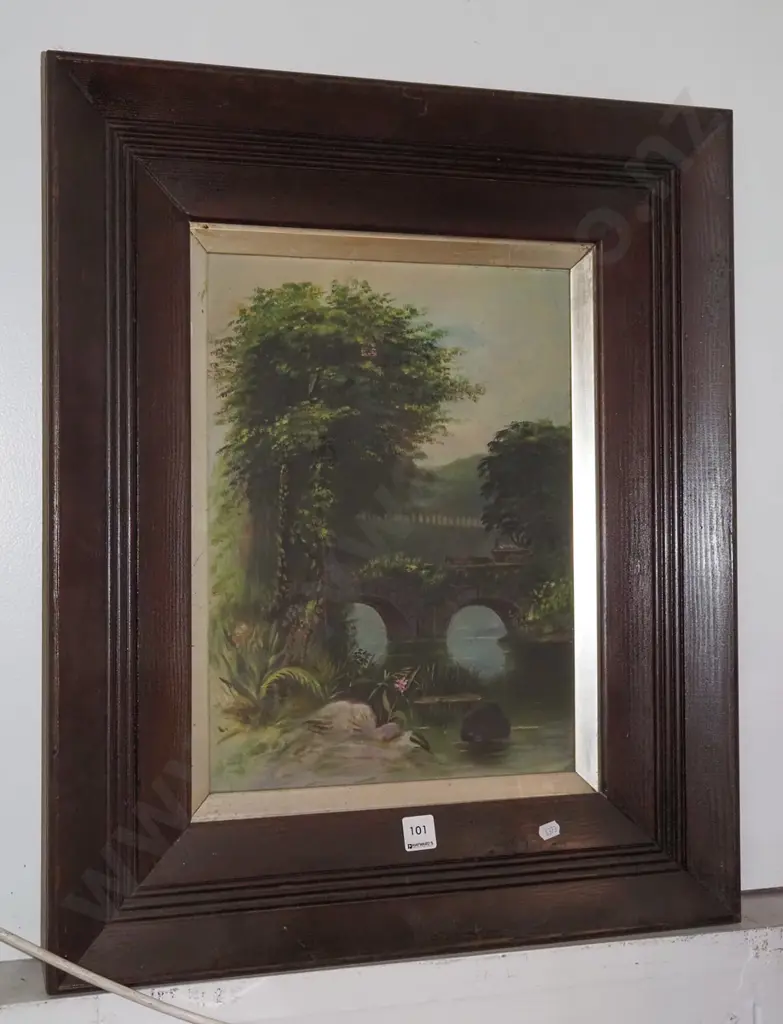 framed oil on canvas - bridge over stream - needs restringing Image 1++