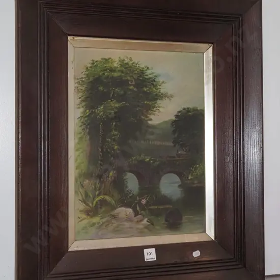 framed oil on canvas - bridge over stream - needs restringing