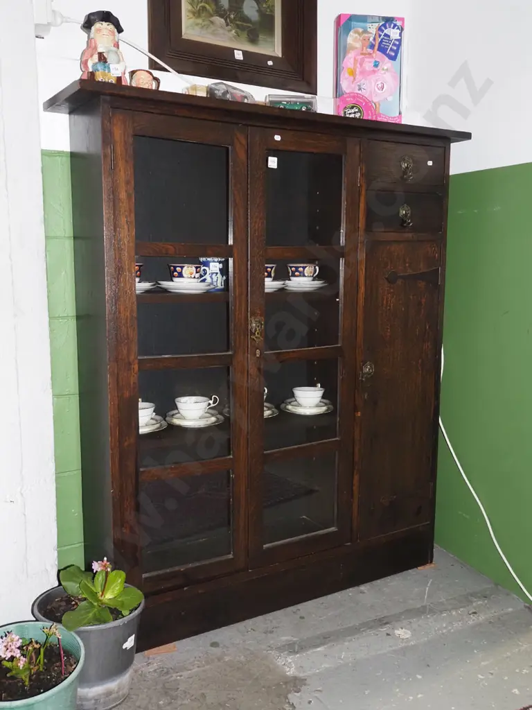 art and craft style oak sideboard - solid door, 2 glazed doors, 2 drawers Image 1++