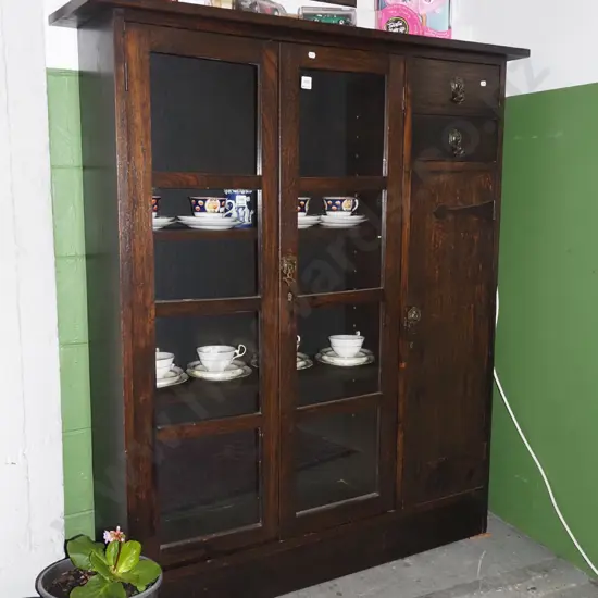 art and craft style oak sideboard - solid door, 2 glazed doors, 2 drawers