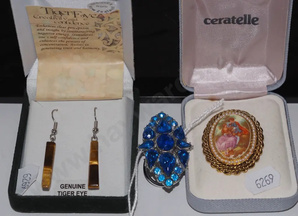 brooch, large blue stone ring, earrings Image 1++