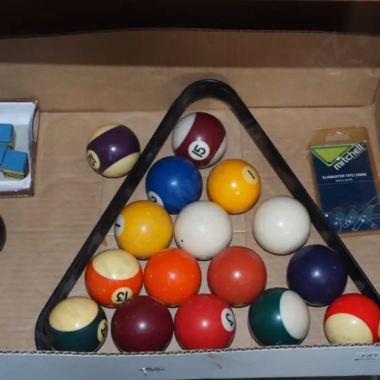 pool balls, triangle, chalk