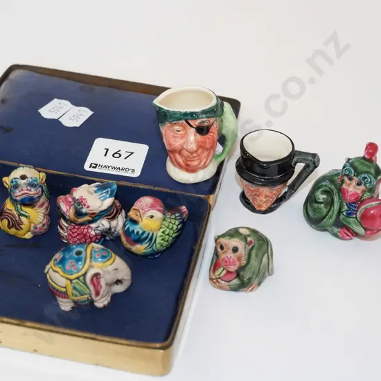 miniature toby jugs, animal figurines, vintage tin