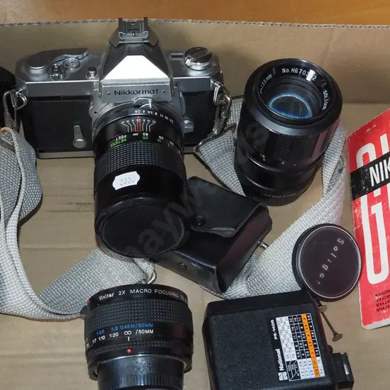 box; Nikkormat SLR 35mm film camera with flash and lenses etc.