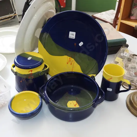 NZ made Elbridge Pottery plate, canister, cup etc