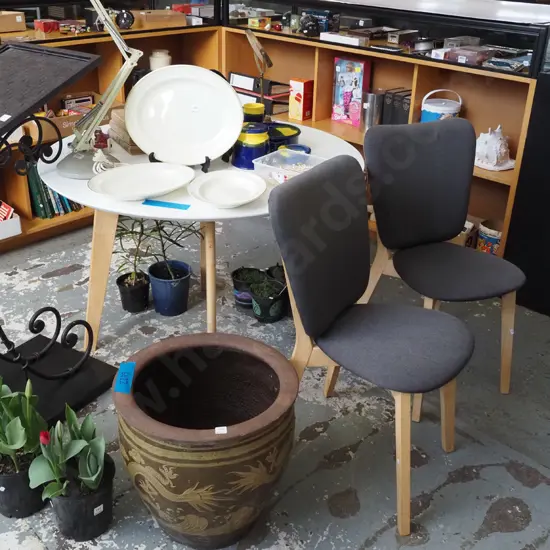 contemporary pine based circular melteca top table with 2 grey upholstered chairs H760 Diam1060