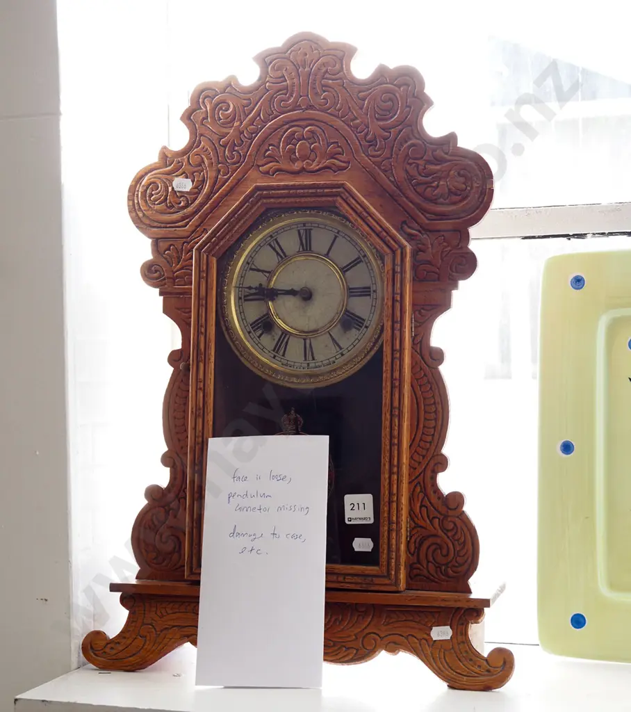 Ansonia mantle clock - face loose, pendulum connector missing, damage to case Image 1++