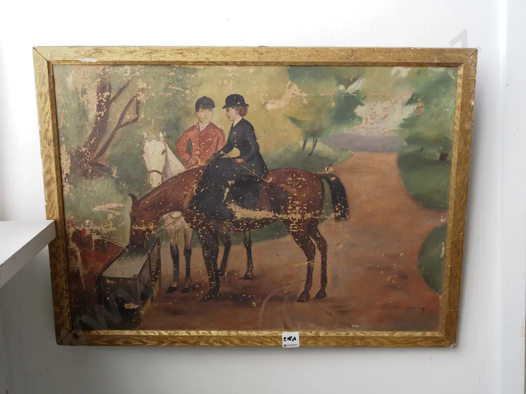 framed oil on canvas - riders - significant damage Image 1++