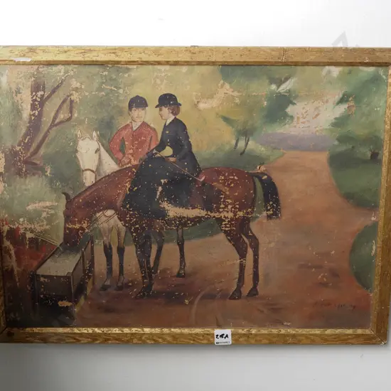 framed oil on canvas - riders - significant damage