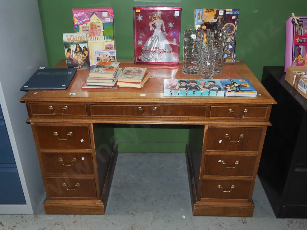 restorer's mahogany veneer  9 drawer desk with tooled leather inset - some damage to veneer Image 1++
