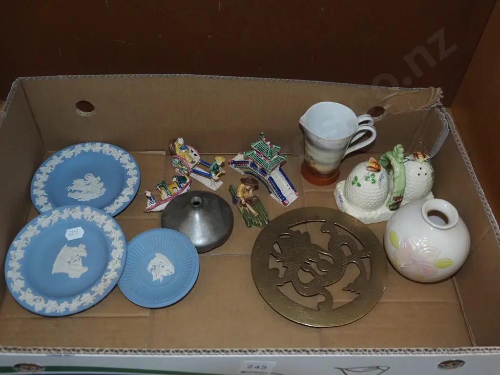 box; jasperware, miniatures, brass trivet etc Image 1++