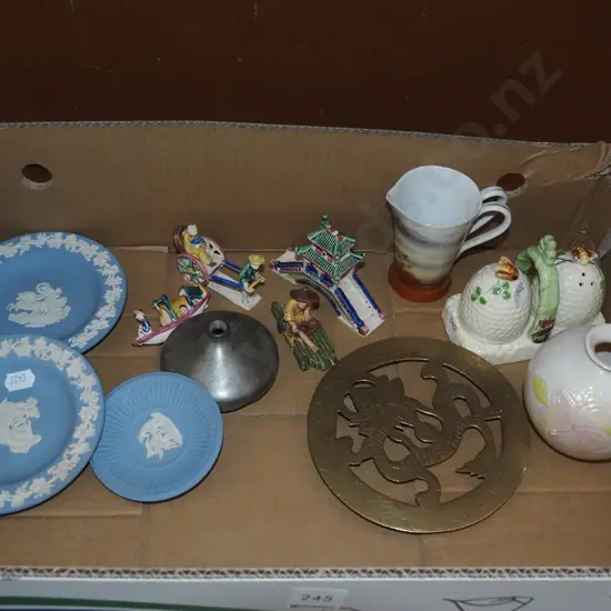 box; jasperware, miniatures, brass trivet etc