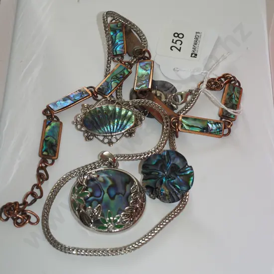 paua shell pendant, necklace, brooches etc