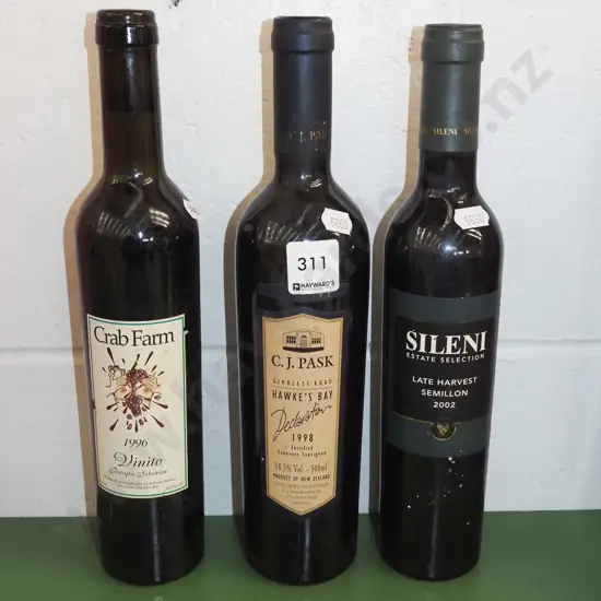CJ Pask cabernet sauvignon 1998, Selini Semillon 2002, Crab Farm Vinito 1996