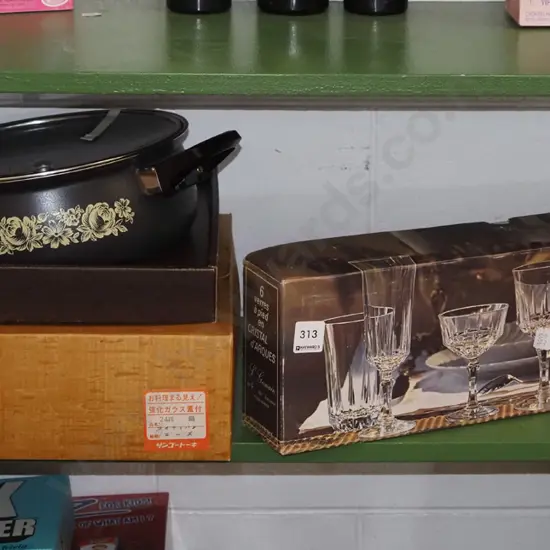 as new boxed crystal glasses, retro lidded casserole