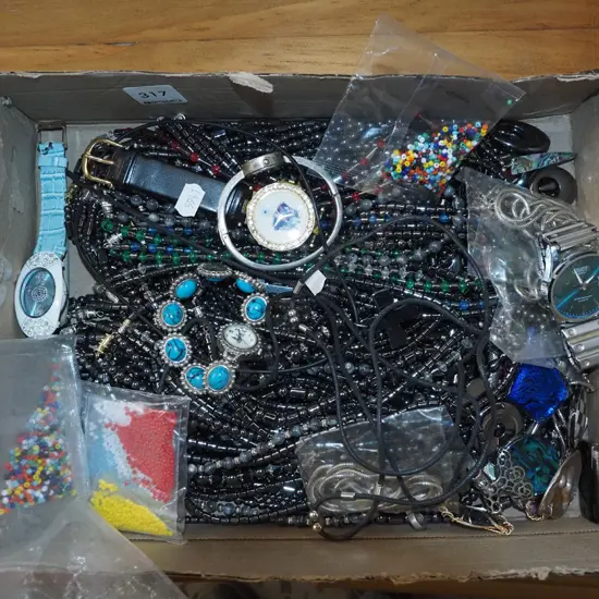box; beads, necklaces, watches etc
