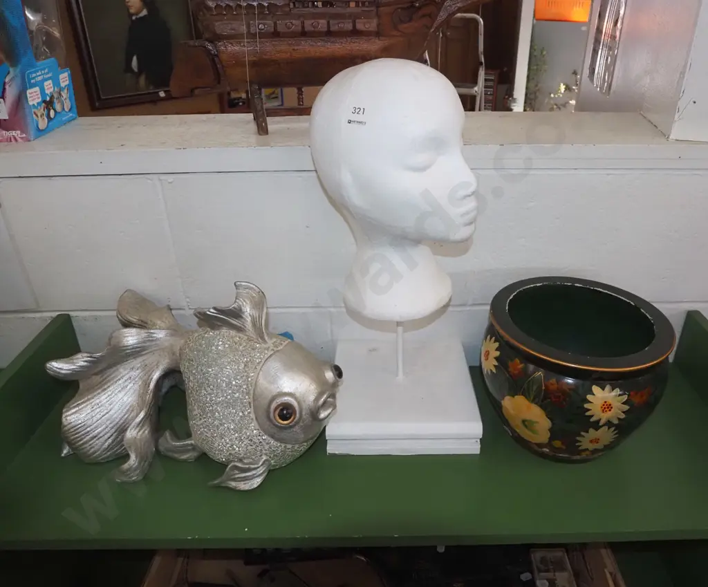 polystyrene head on stand, bottle fish, canal art planter Image 1++