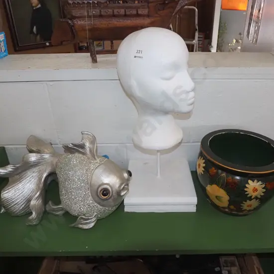 polystyrene head on stand, bottle fish, canal art planter