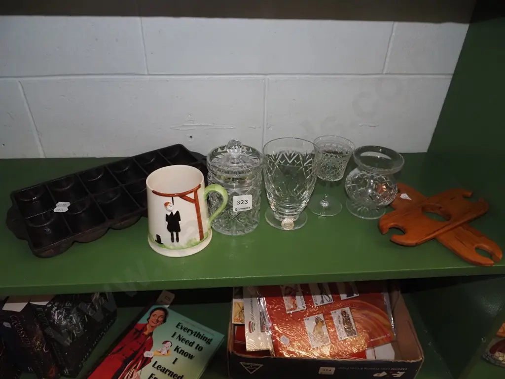 shelf; cut crystal honey pot, gem tray, Carlton ware beer stein etc Image 1++