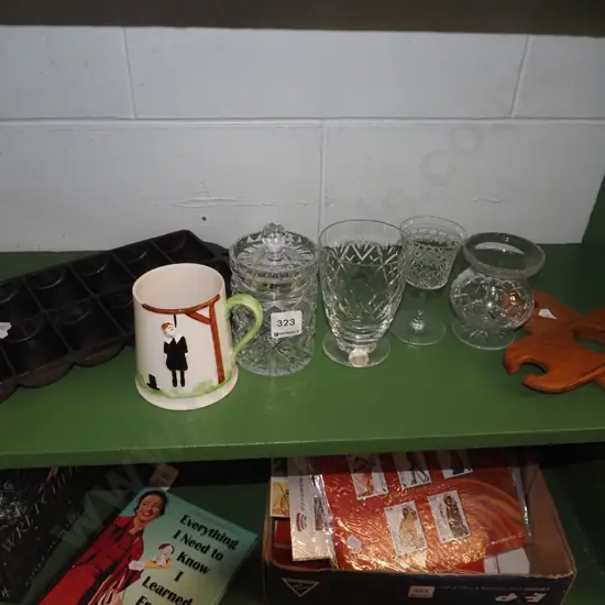 shelf; cut crystal honey pot, gem tray, Carlton ware beer stein etc