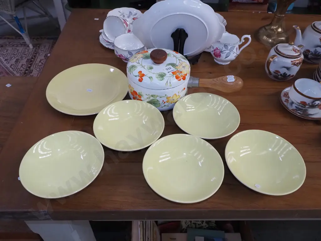 retro enamel floral lidded pot, yellow Crown Lynn colour glaze plates, bowls Image 1++