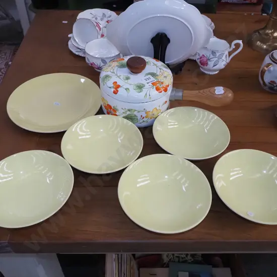 retro enamel floral lidded pot, yellow Crown Lynn colour glaze plates, bowls