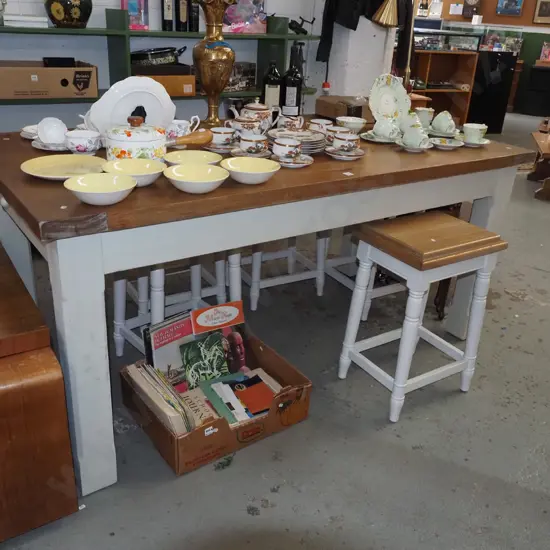 painted pine dining table with 4 matching stools, includes 2 drawers at each end 