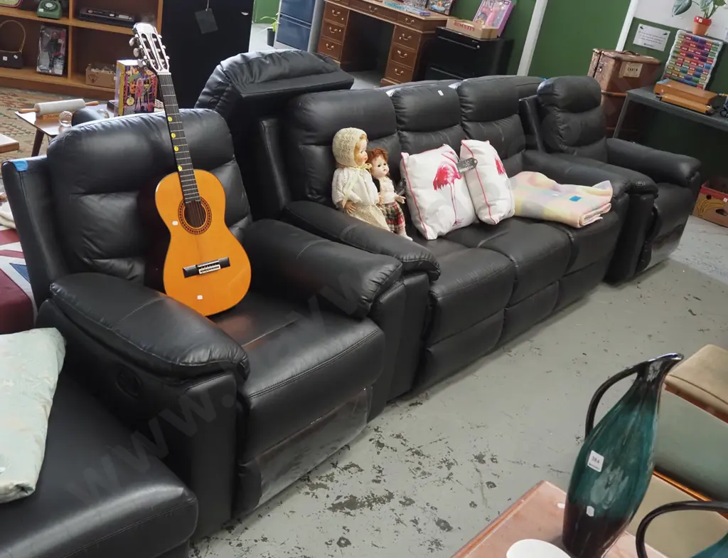 black vinyl 3 piece lounge suite - 2 reclining singles, 3 seater Image 1++