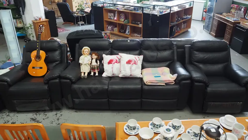 black vinyl 3 piece lounge suite - 2 reclining singles, 3 seater Image 1++