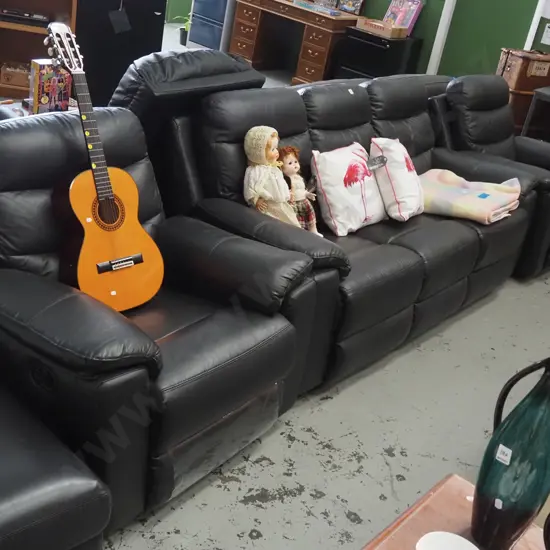 black vinyl 3 piece lounge suite - 2 reclining singles, 3 seater